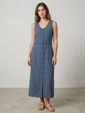 EDDIE BAUER Sleeveless Check Button-Front Maxi Dress M 19” p2p Navy/White